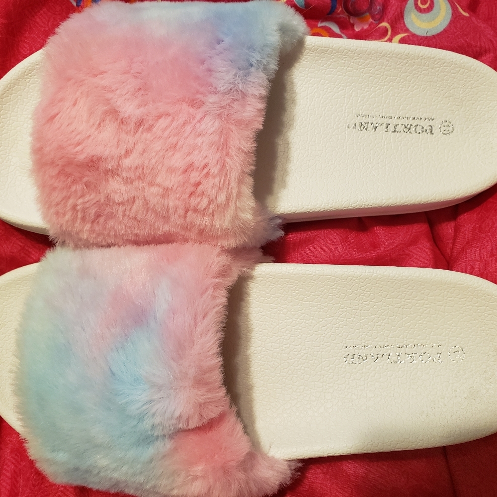 Fuax fur multi colored slide sandals